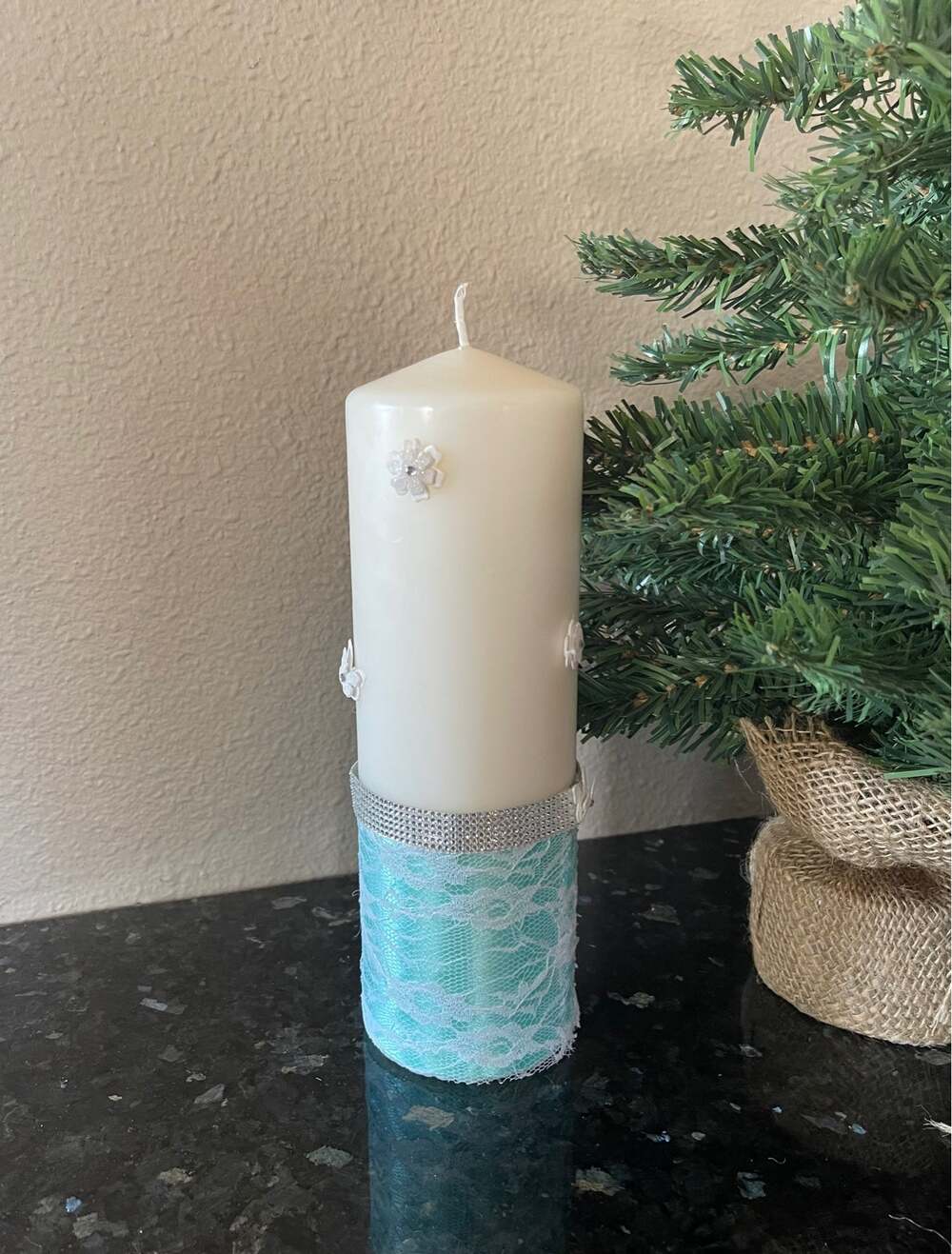 Turquoise Blue Handcrafted Pillar Candle With Butterflies
